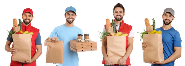 Image of Food delivery service worker isolated on white, collage of portraits