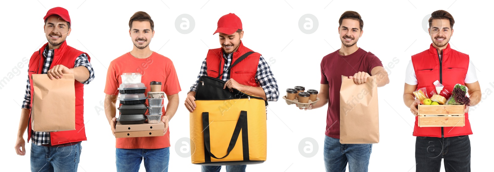 Image of Food delivery service worker isolated on white, collage of portraits