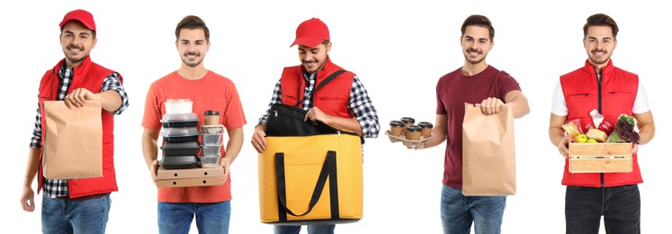 Image of Food delivery service worker isolated on white, collage of portraits