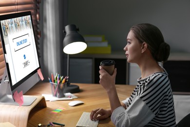 Image of Online study. Woman using computer for e-learning at desk