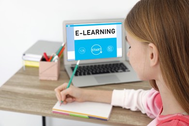 Image of E-learning concept. Young girl studying online using laptop at desk, closeup