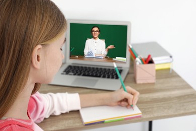 Image of E-learning concept. Student having online video chat with teacher via laptop at desk, closeup