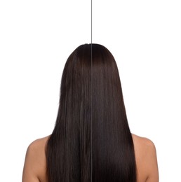 Image of Hair lamination, before and after. Photo of woman on white background, divided for comparison of hair condition
