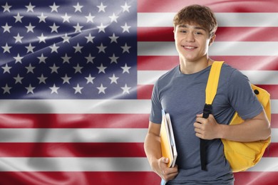 Image of Student with notebooks and backpack against flag of USA. Language school