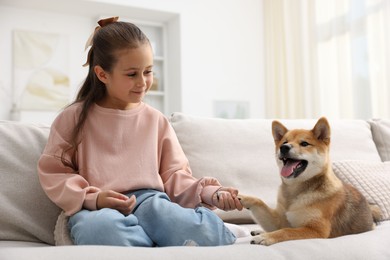 Photo of Cute little girl with her dog on sofa at home. Child and pet