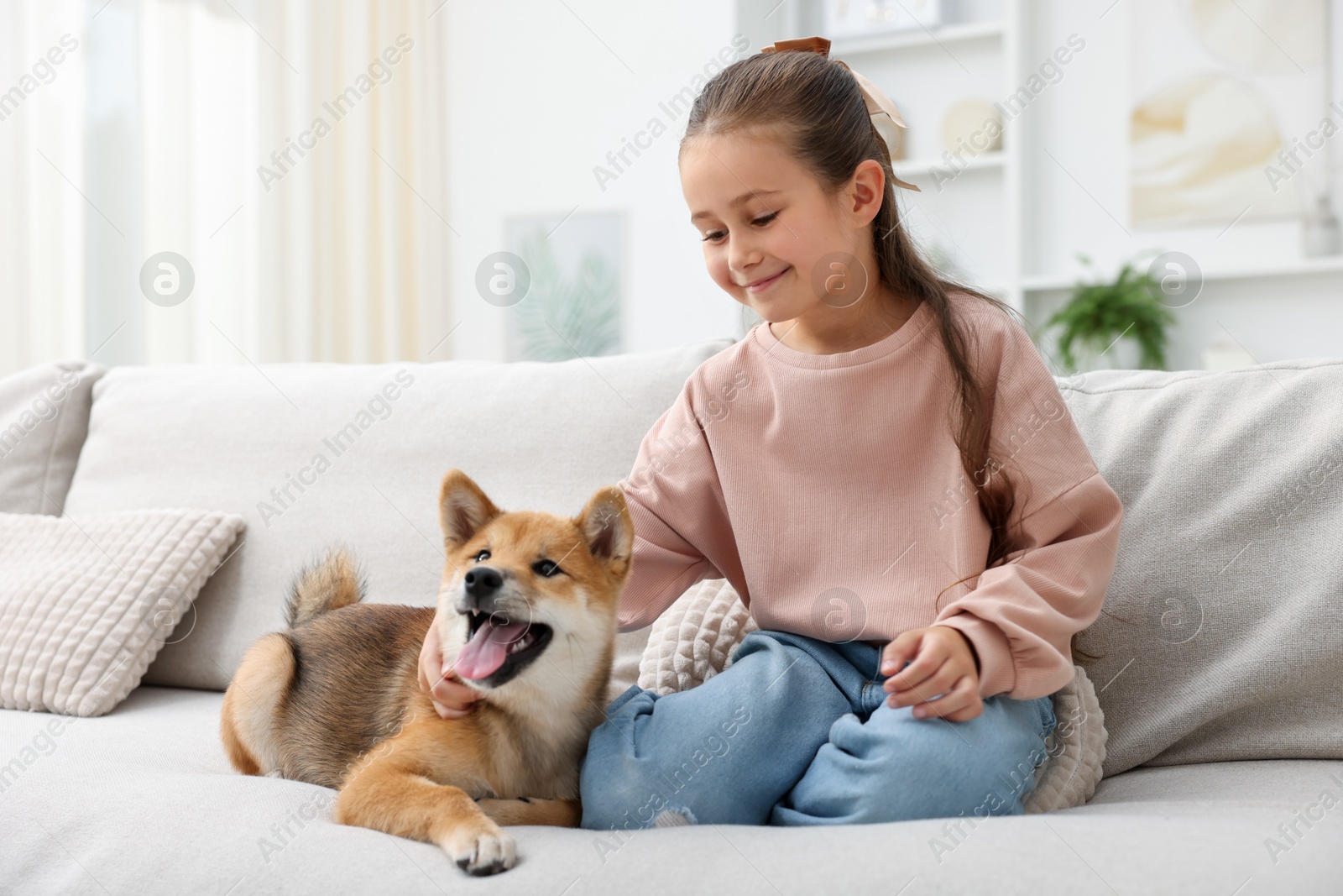Cute little girl with her dog on sofa at home. Child and pet Photo of Cute little girl with her dog on sofa at home. Child and pet