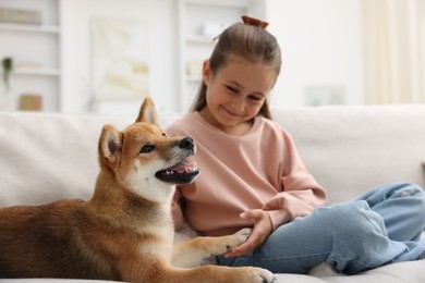 Photo of Cute little girl with her dog on sofa at home. Child and pet