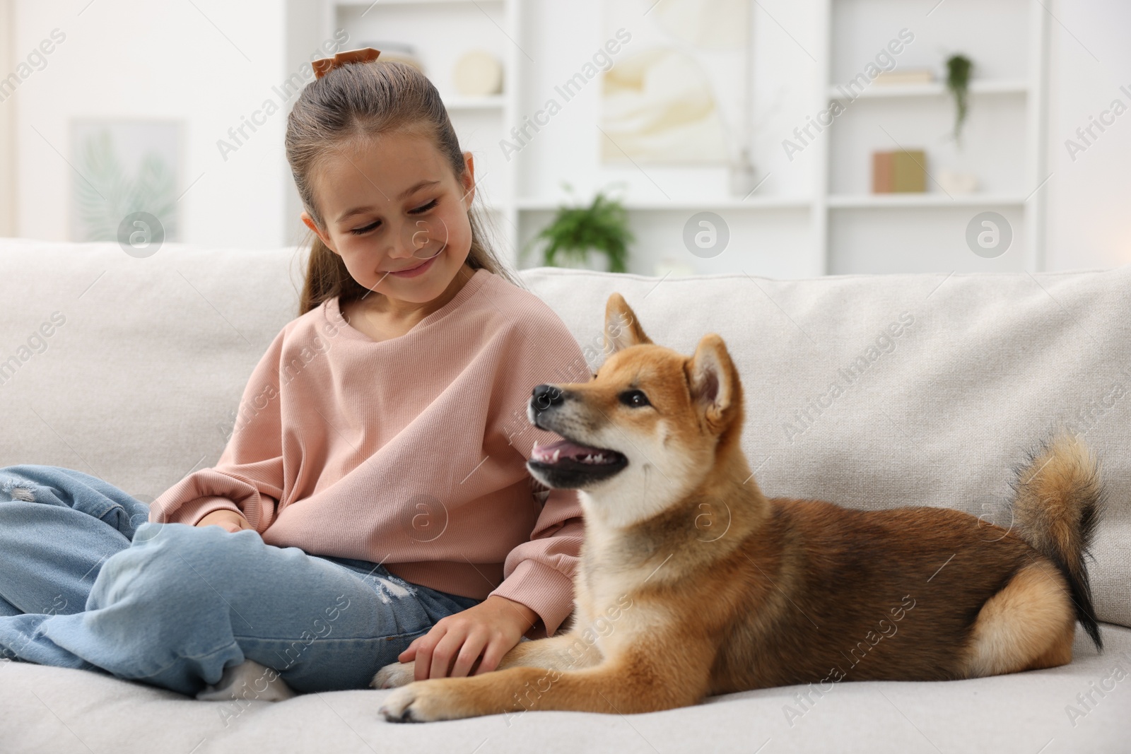 Cute little girl with her dog on sofa at home. Child and pet Photo of Cute little girl with her dog on sofa at home. Child and pet
