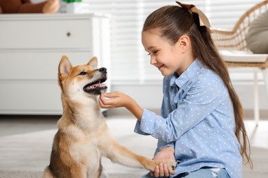 Photo of Cute little girl with her dog on floor at home. Child and pet