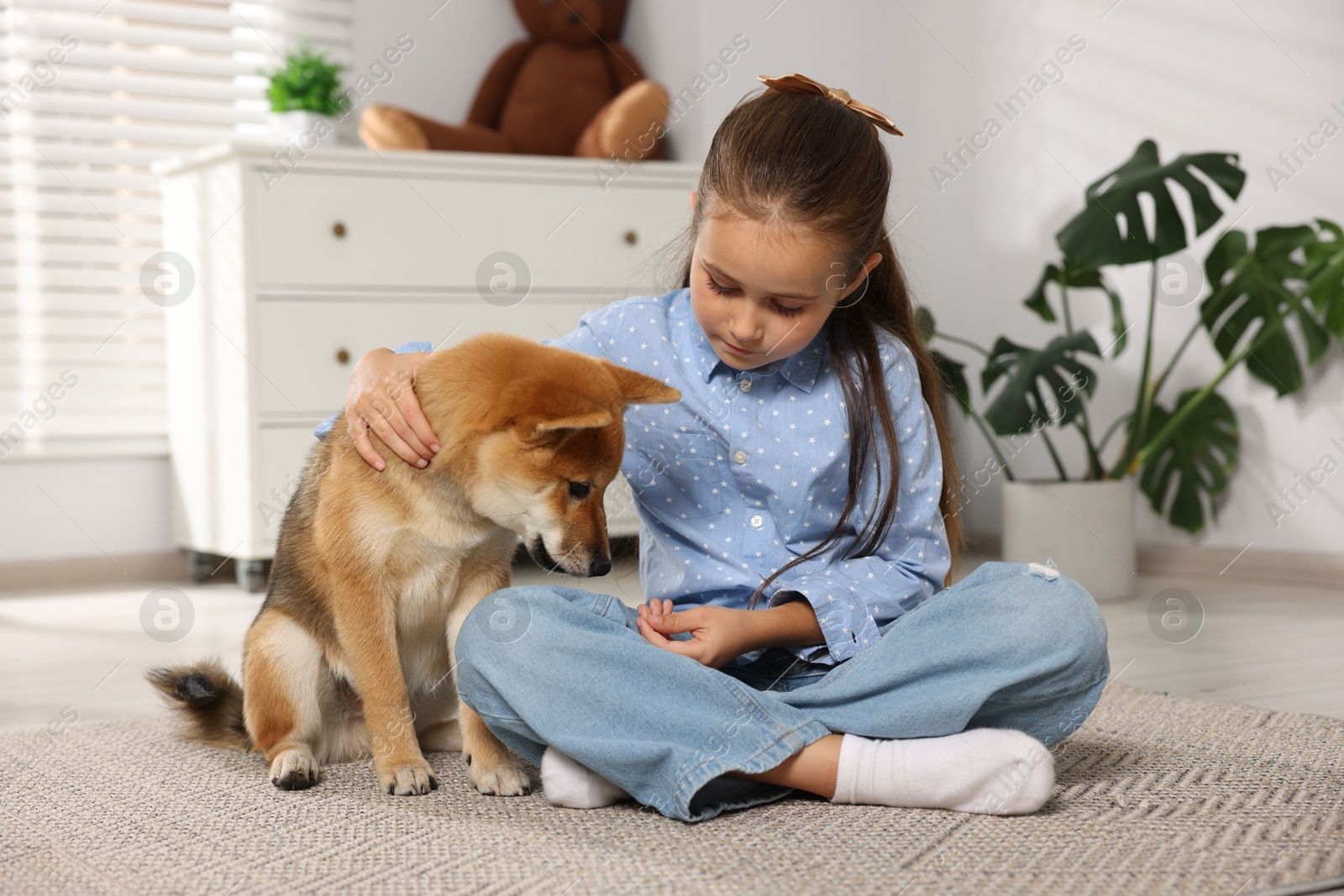 Cute little girl with her dog on floor at home. Child and pet Photo of Cute little girl with her dog on floor at home. Child and pet