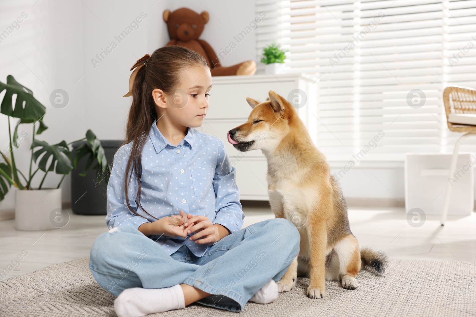 Cute little girl with her dog on floor at home. Child and pet Photo of Cute little girl with her dog on floor at home. Child and pet