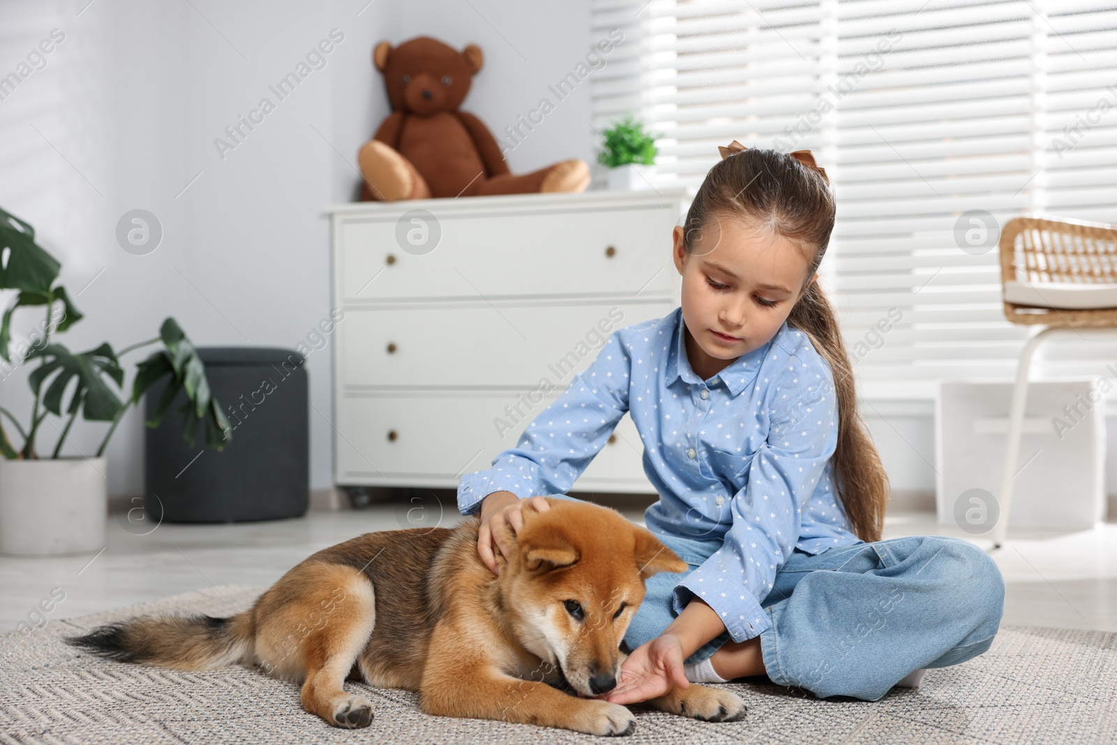 Cute little girl with her dog on floor at home. Child and pet Photo of Cute little girl with her dog on floor at home. Child and pet