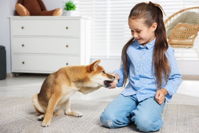 Photo of Smiling little girl playing with her dog on floor at home. Child and pet