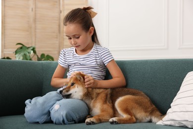 Photo of Cute little girl with her dog on sofa at home. Child and pet