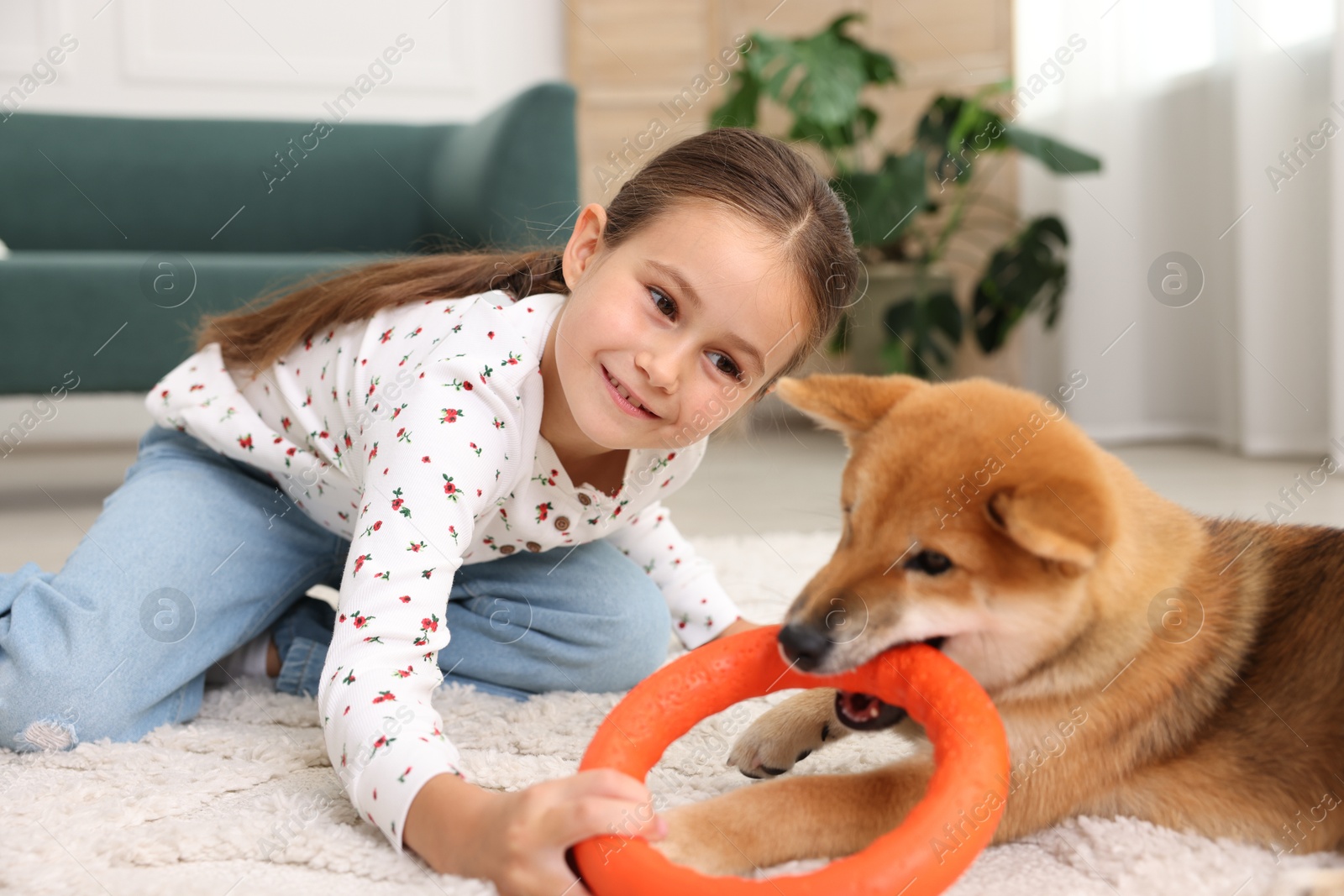Smiling little girl playing with her dog on floor at home. Child and pet Photo of Smiling little girl playing with her dog on floor at home. Child and pet