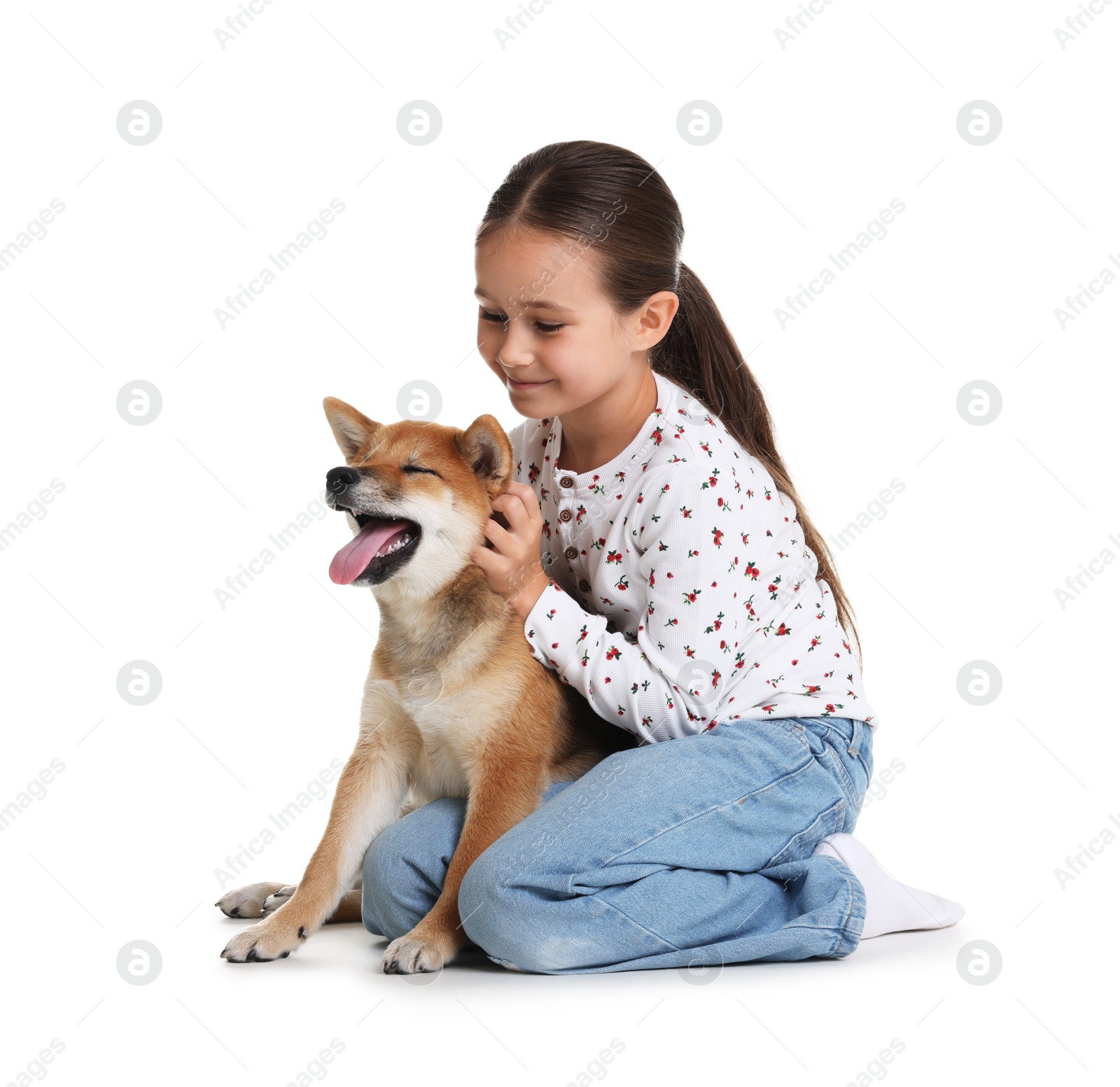 Cute little girl with her dog on white background. Child and pet Photo of Cute little girl with her dog on white background. Child and pet
