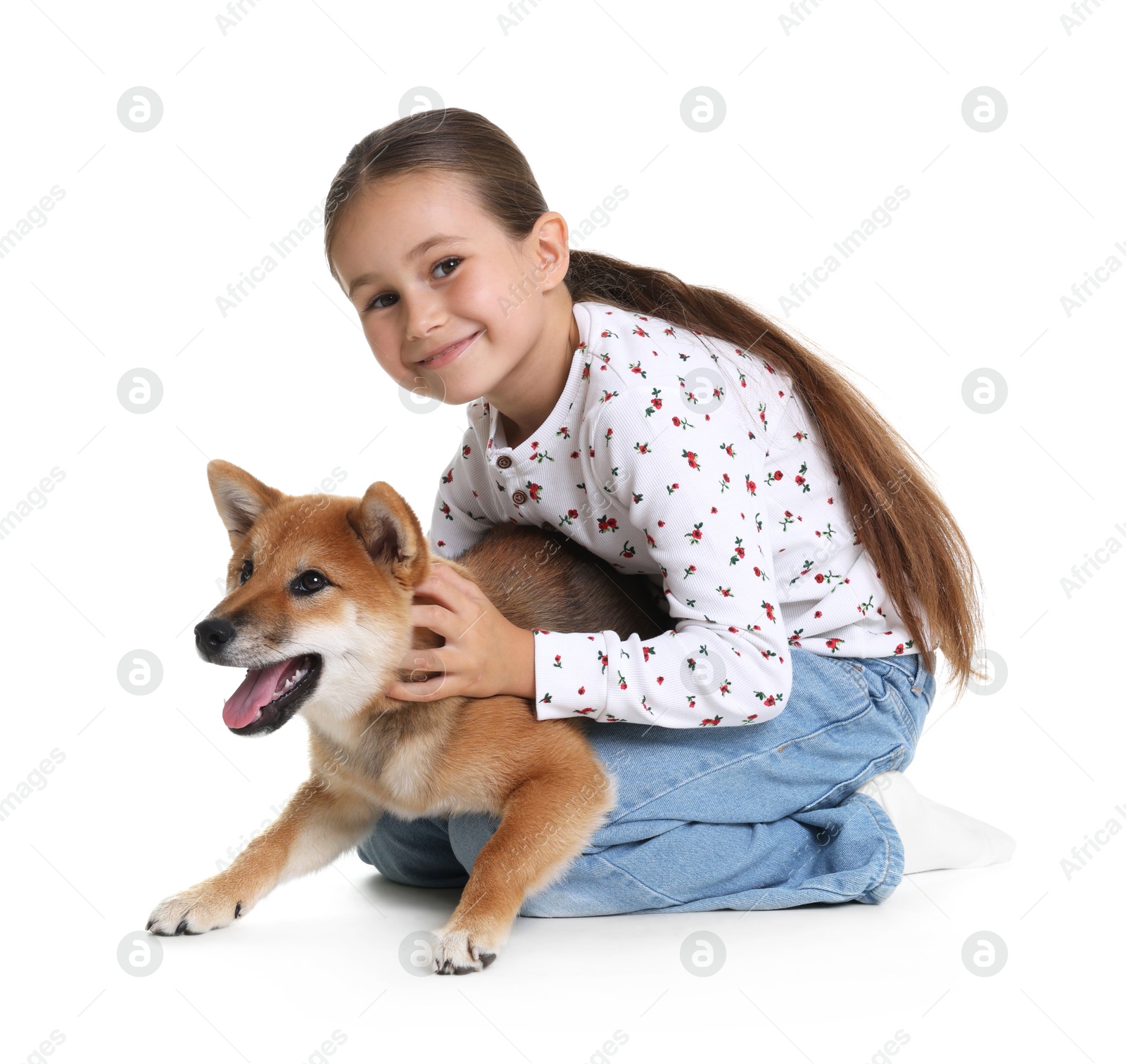 Cute little girl with her dog on white background. Child and pet Photo of Cute little girl with her dog on white background. Child and pet