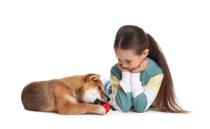Photo of Cute little girl and her dog with pet toy on white background