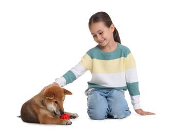 Photo of Smiling little girl and her dog with pet toy on white background