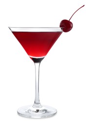 Photo of Martini cocktail with cherry in glass on white background