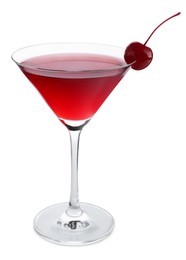Photo of Martini cocktail with cherry in glass on white background