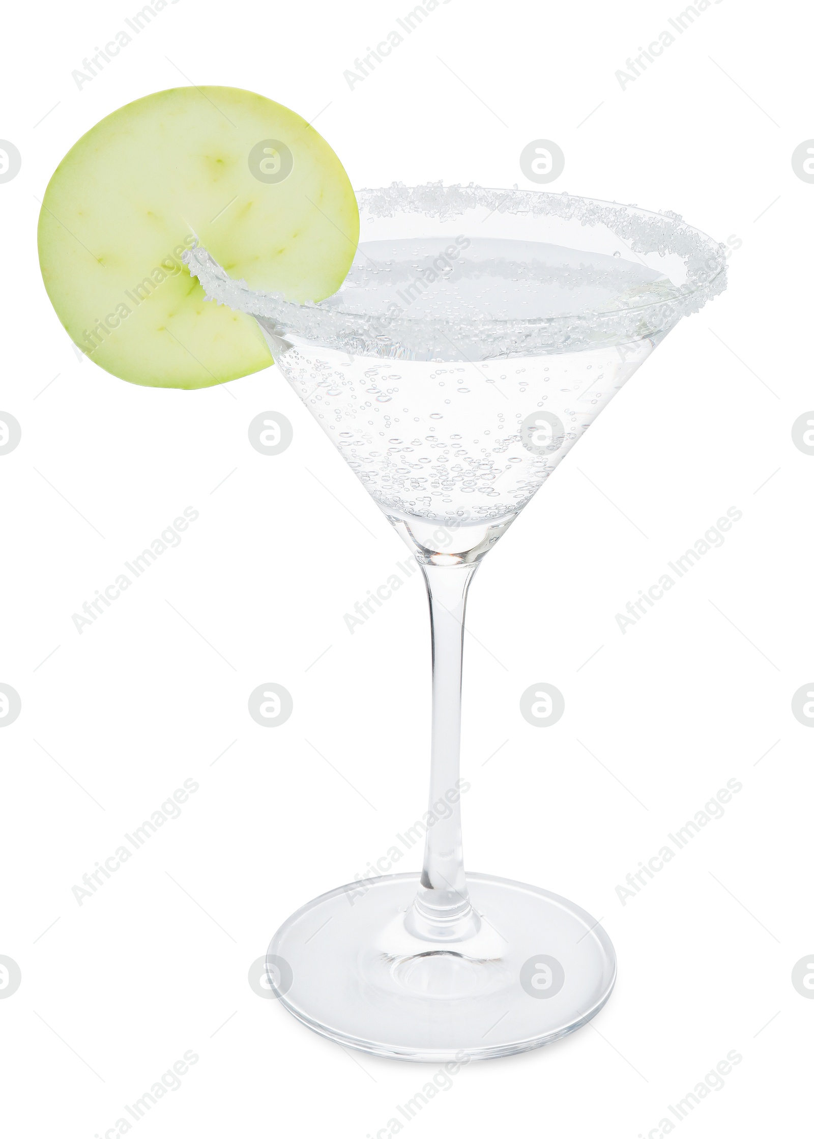 Photo of Martini cocktail with apple slice and sugar in glass on white background