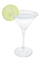 Photo of Martini cocktail with apple slice and sugar in glass on white background