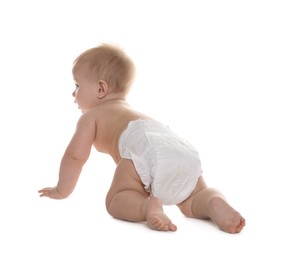 Photo of Cute little baby in diaper on white background, back view