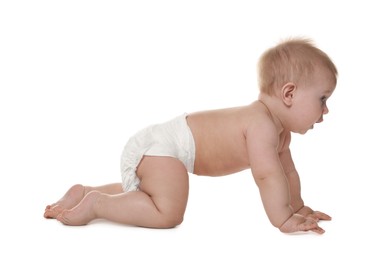 Photo of Cute little baby in diaper on white background