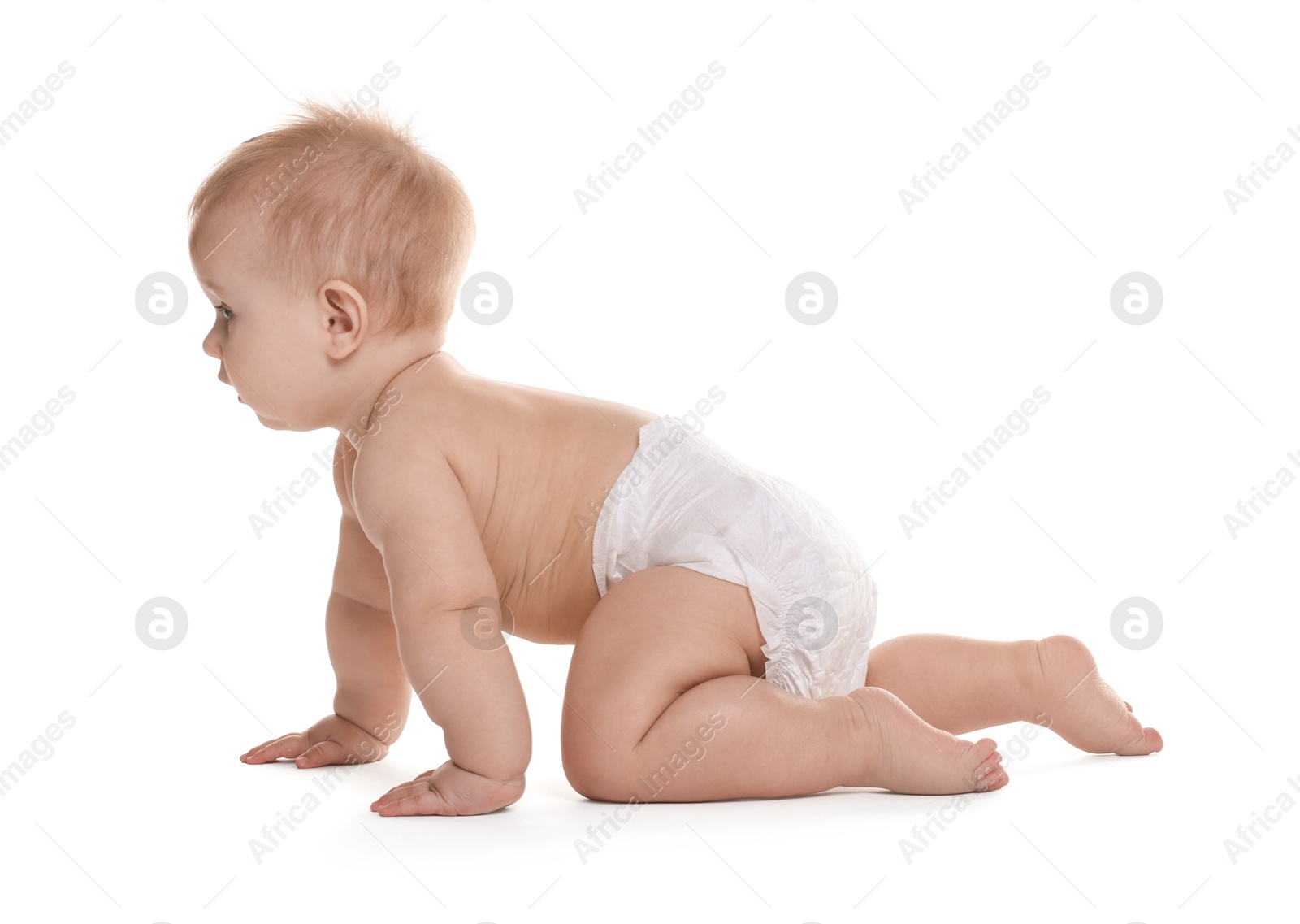 Photo of Cute little baby in diaper on white background
