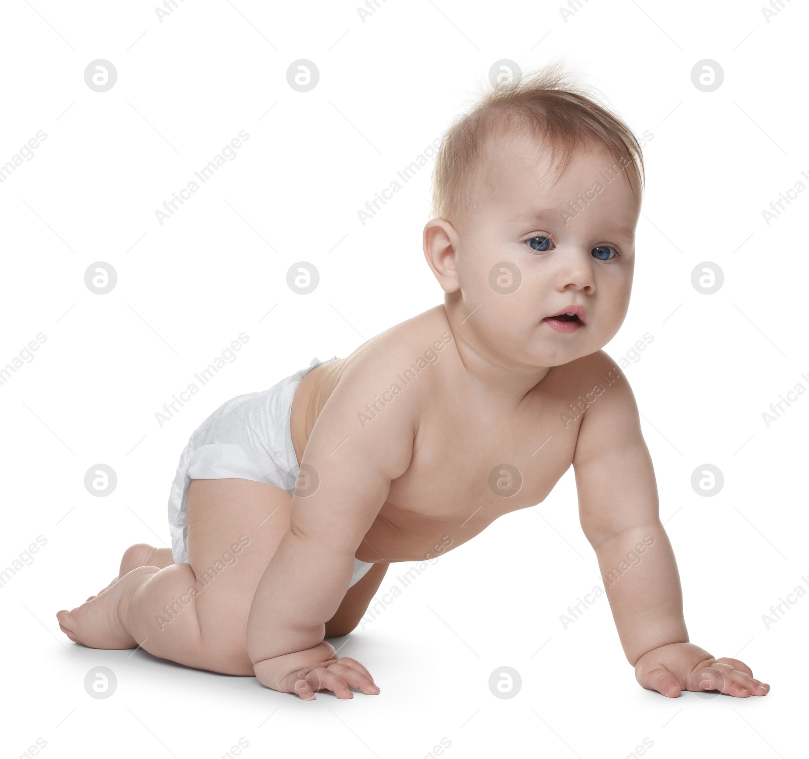 Photo of Cute little baby in diaper on white background