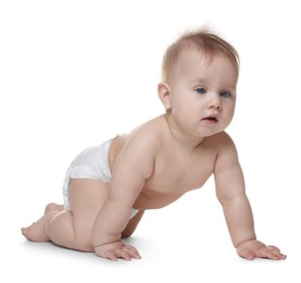 Photo of Cute little baby in diaper on white background