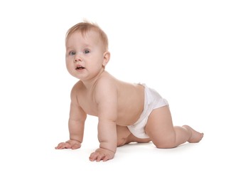 Photo of Cute little baby in diaper on white background
