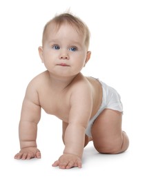 Photo of Cute little baby in diaper on white background