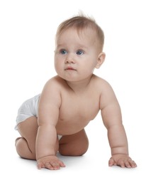 Photo of Cute little baby in diaper on white background