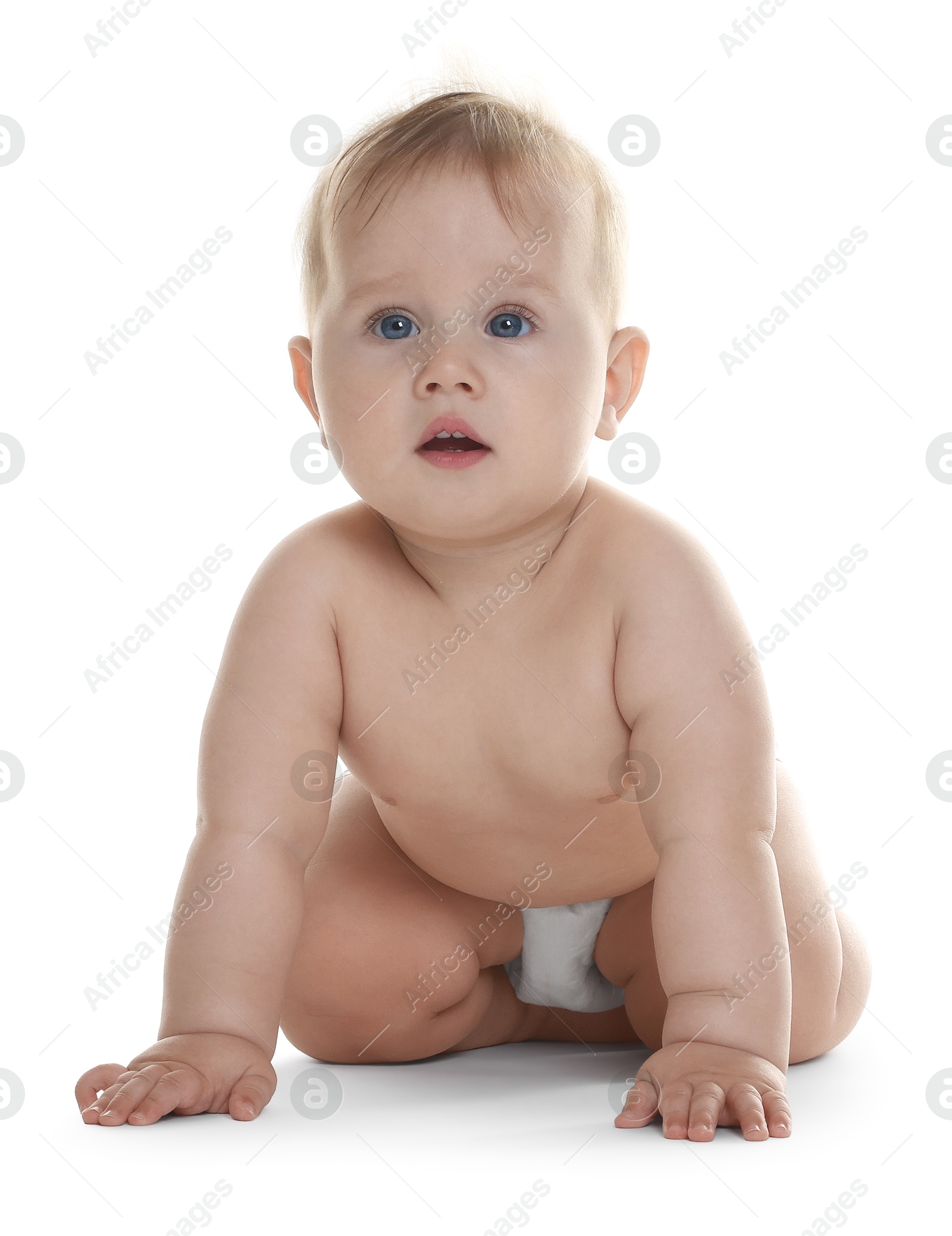 Photo of Cute little baby in diaper on white background