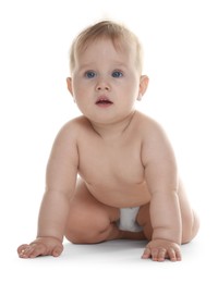 Photo of Cute little baby in diaper on white background