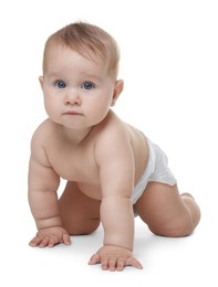 Photo of Cute little baby in diaper on white background