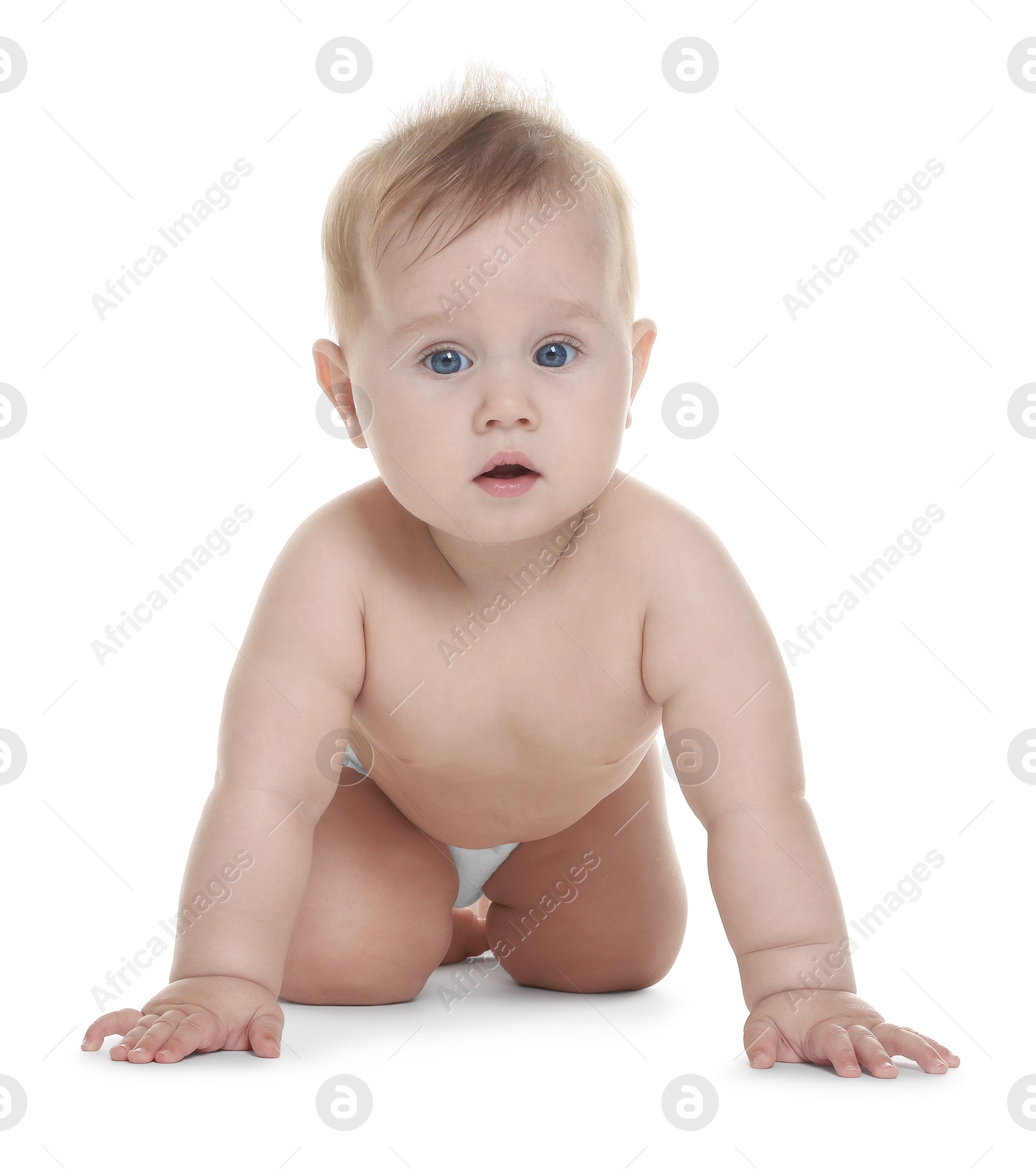 Photo of Cute little baby in diaper on white background