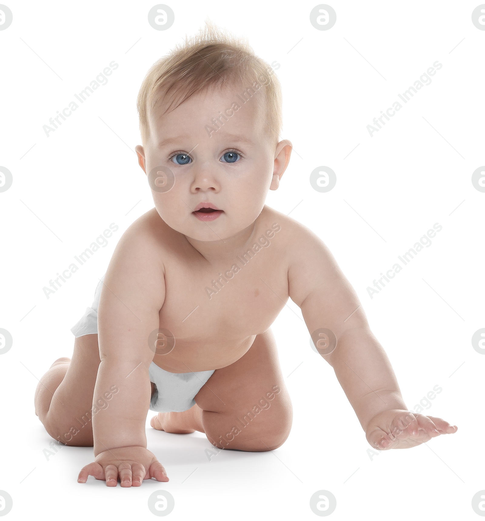 Photo of Cute little baby in diaper on white background