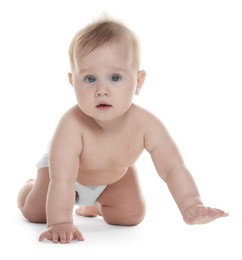 Photo of Cute little baby in diaper on white background