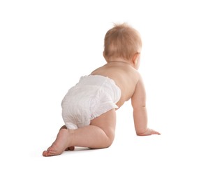 Photo of Cute little baby in diaper on white background, back view