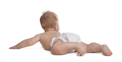 Photo of Cute little baby in diaper on white background, back view