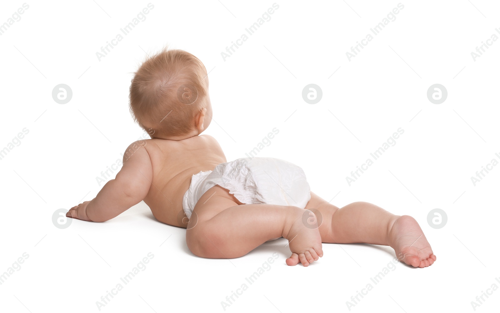 Photo of Cute little baby in diaper on white background, back view