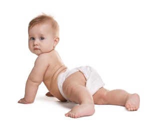 Photo of Cute little baby in diaper on white background
