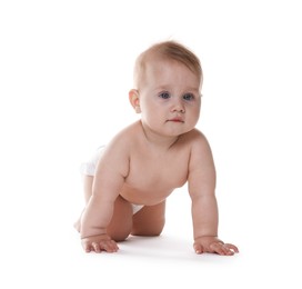 Photo of Cute little baby in diaper on white background