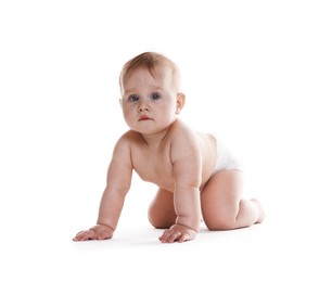 Photo of Cute little baby in diaper on white background