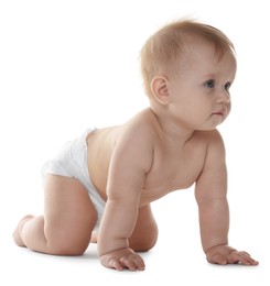 Photo of Cute little baby in diaper on white background