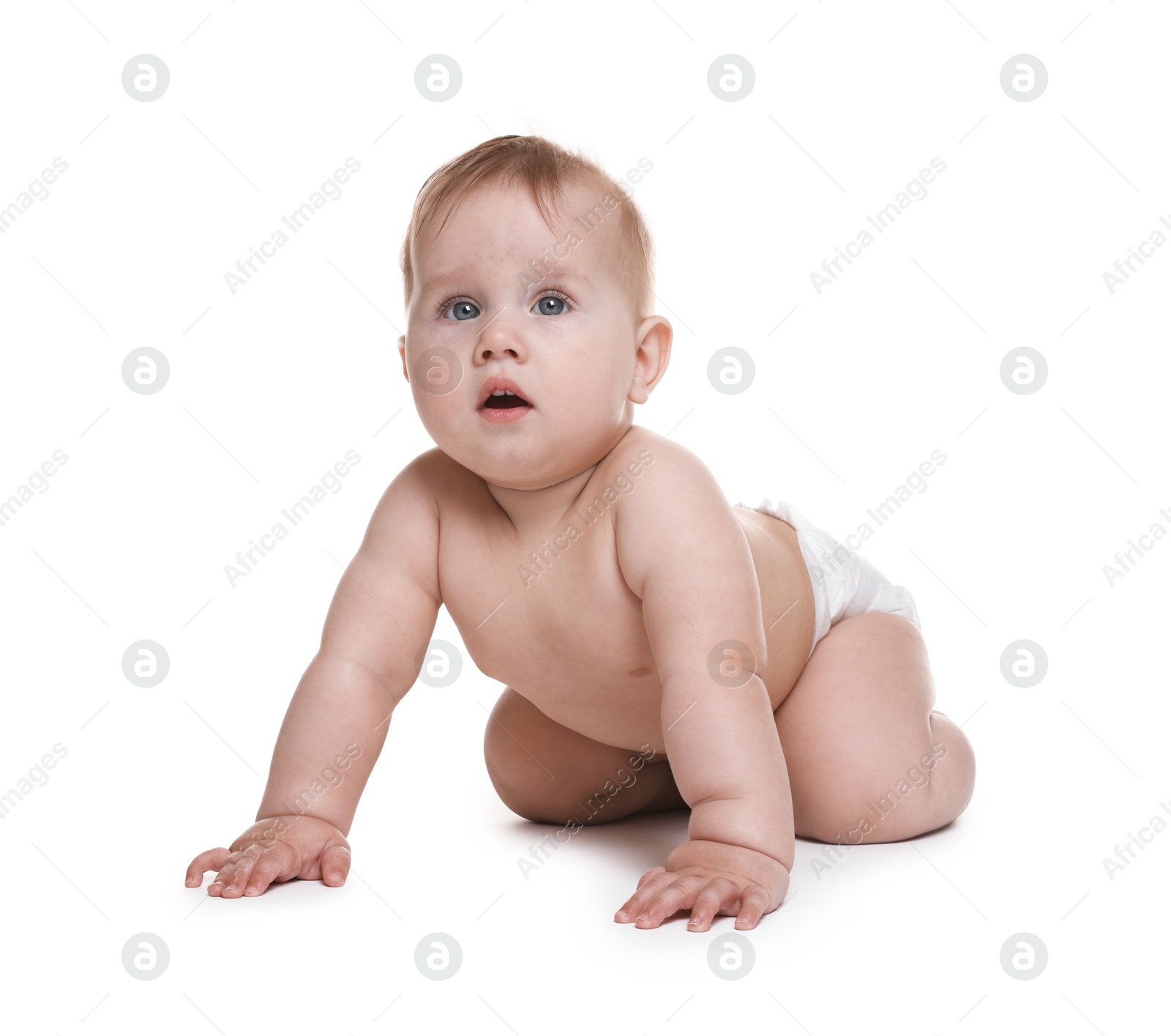 Cute little baby in diaper on white background Photo of Cute little baby in diaper on white background