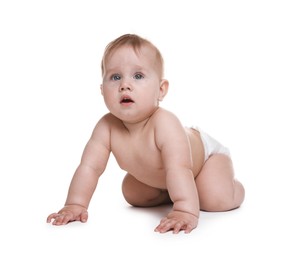 Photo of Cute little baby in diaper on white background